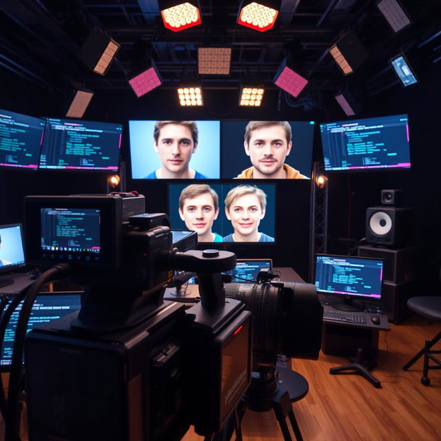 A video production setup showing a high-tech studio with multiple screens displaying real-time face swapping technology in action