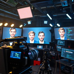 A video production setup showing a high-tech studio with multiple screens displaying real-time face swapping technology in action