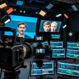 A video production setup showing a high-tech studio with multiple screens displaying real-time face swapping technology in action