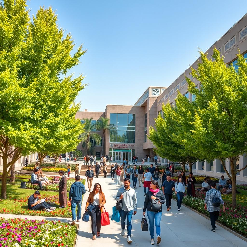 A vibrant campus scene at Farhangian University in Iran, showcasing a modern educational institution surrounded by lush green trees and colorful flowers