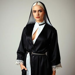 A young attractive woman with white hair, a slight blush on her cheeks, and slightly plump lips, portrayed in a strikingly unconventional nun's outfit