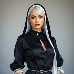A young attractive woman with white hair, a slight blush on her cheeks, and slightly plump lips, portrayed in a strikingly unconventional nun's outfit