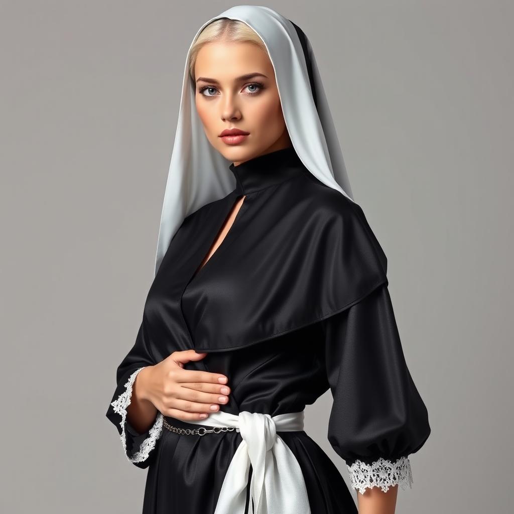 A young attractive woman with white hair, a subtle blush on her cheeks, and slightly plump lips, depicted in a non-traditional nun's outfit that boldly expresses her unique character