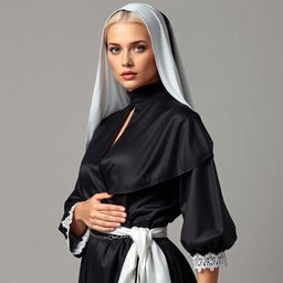 A young attractive woman with white hair, a subtle blush on her cheeks, and slightly plump lips, depicted in a non-traditional nun's outfit that boldly expresses her unique character