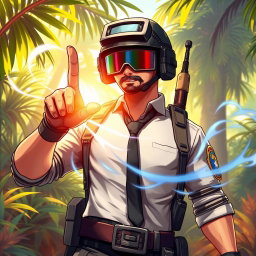 A dynamic illustration of a PUBG character, wearing military gear and a helmet, snapped his fingers with a confident expression