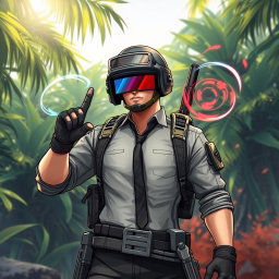A dynamic illustration of a PUBG character, wearing military gear and a helmet, snapped his fingers with a confident expression