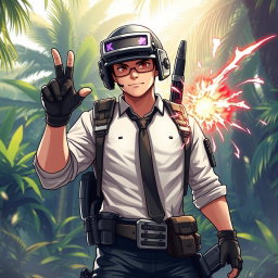 A dynamic illustration of a PUBG character, wearing military gear and a helmet, snapped his fingers with a confident expression
