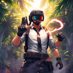 A dynamic illustration of a PUBG character, wearing military gear and a helmet, snapped his fingers with a confident expression