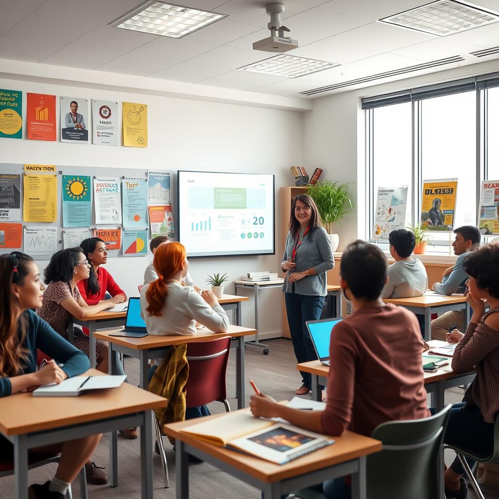 A vibrant university classroom scene, where a diverse group of university students are engaged in an interactive lesson led by an enthusiastic teacher