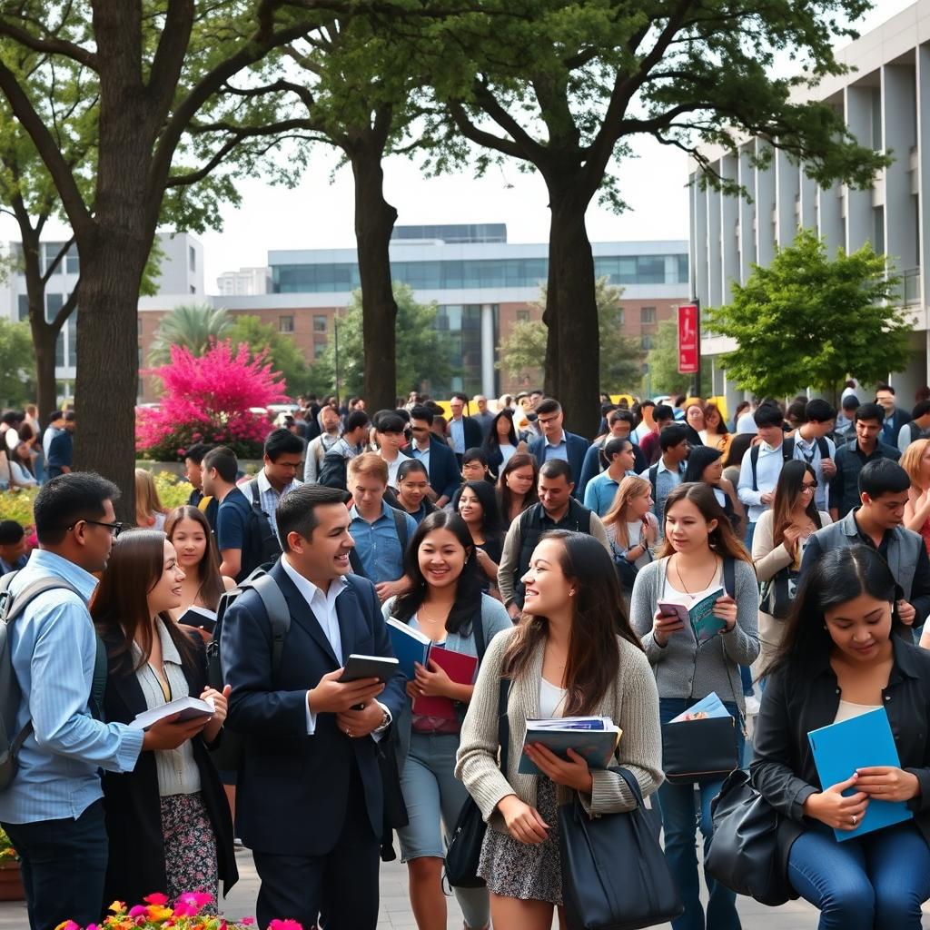 A bustling university campus filled with students and faculty