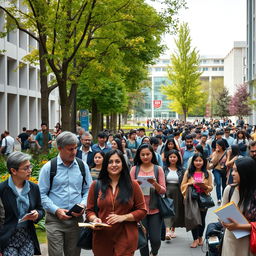 A bustling university campus filled with students and faculty