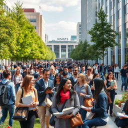 A bustling university campus filled with students and faculty