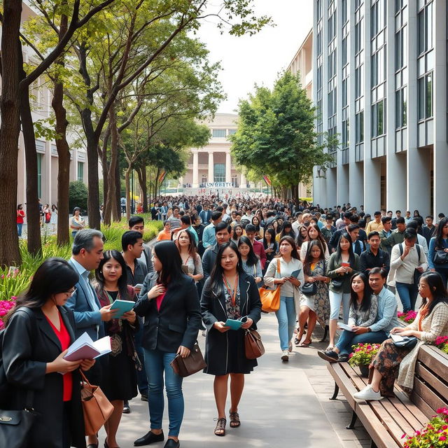 A bustling university campus filled with students and faculty