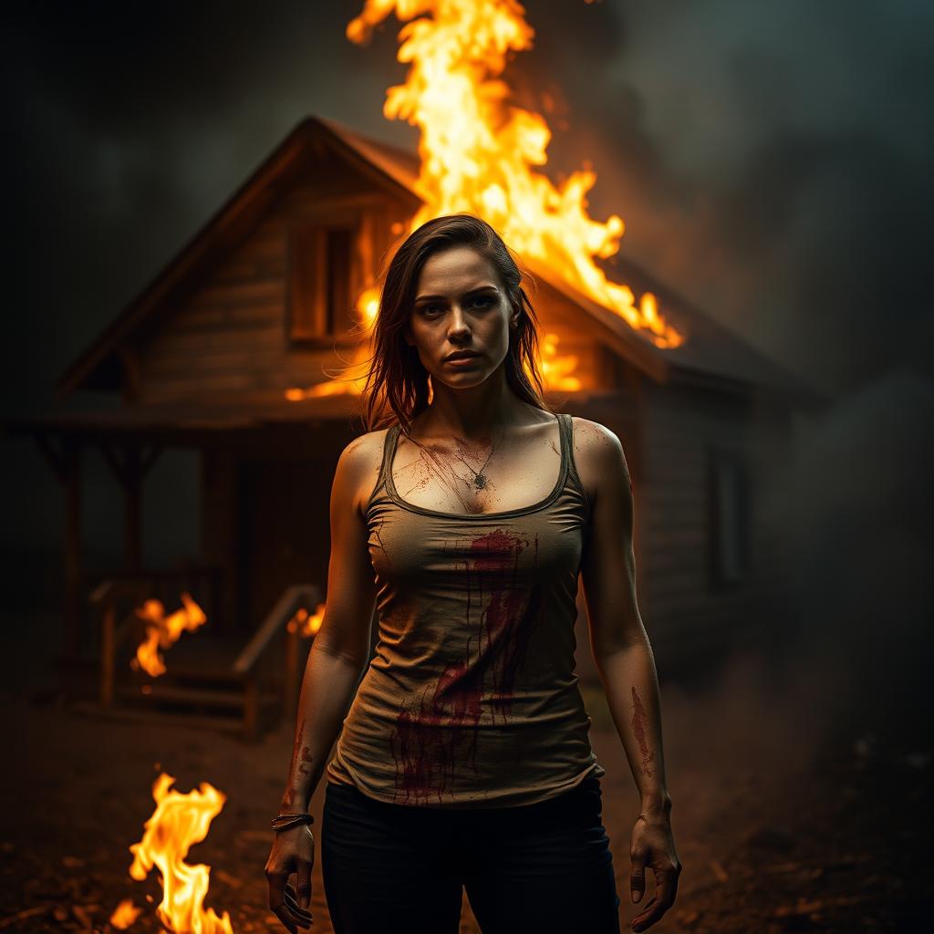 A dramatic scene featuring a woman standing amidst a fiery background, with flames illuminating her surroundings