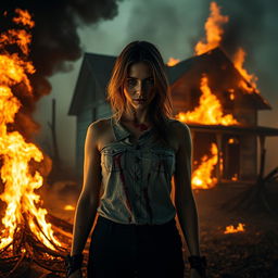 A dramatic scene featuring a woman standing amidst a fiery background, with flames illuminating her surroundings