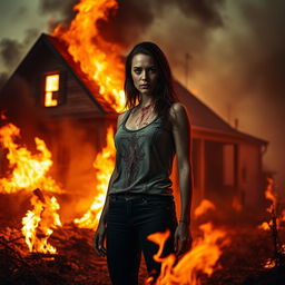 A dramatic scene featuring a woman standing amidst a fiery background, with flames illuminating her surroundings