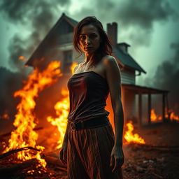 A dramatic scene featuring a woman standing amidst a fiery background, with flames illuminating her surroundings