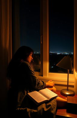 A young woman sitting by a window, deeply engaged in writing her thoughts