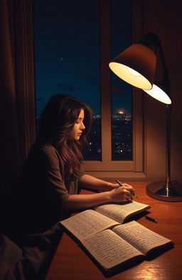 A young woman sitting by a window, deeply engaged in writing her thoughts