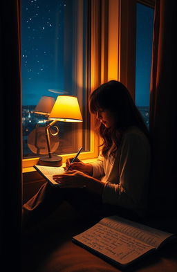 A young woman sitting by a window, deeply engaged in writing her thoughts