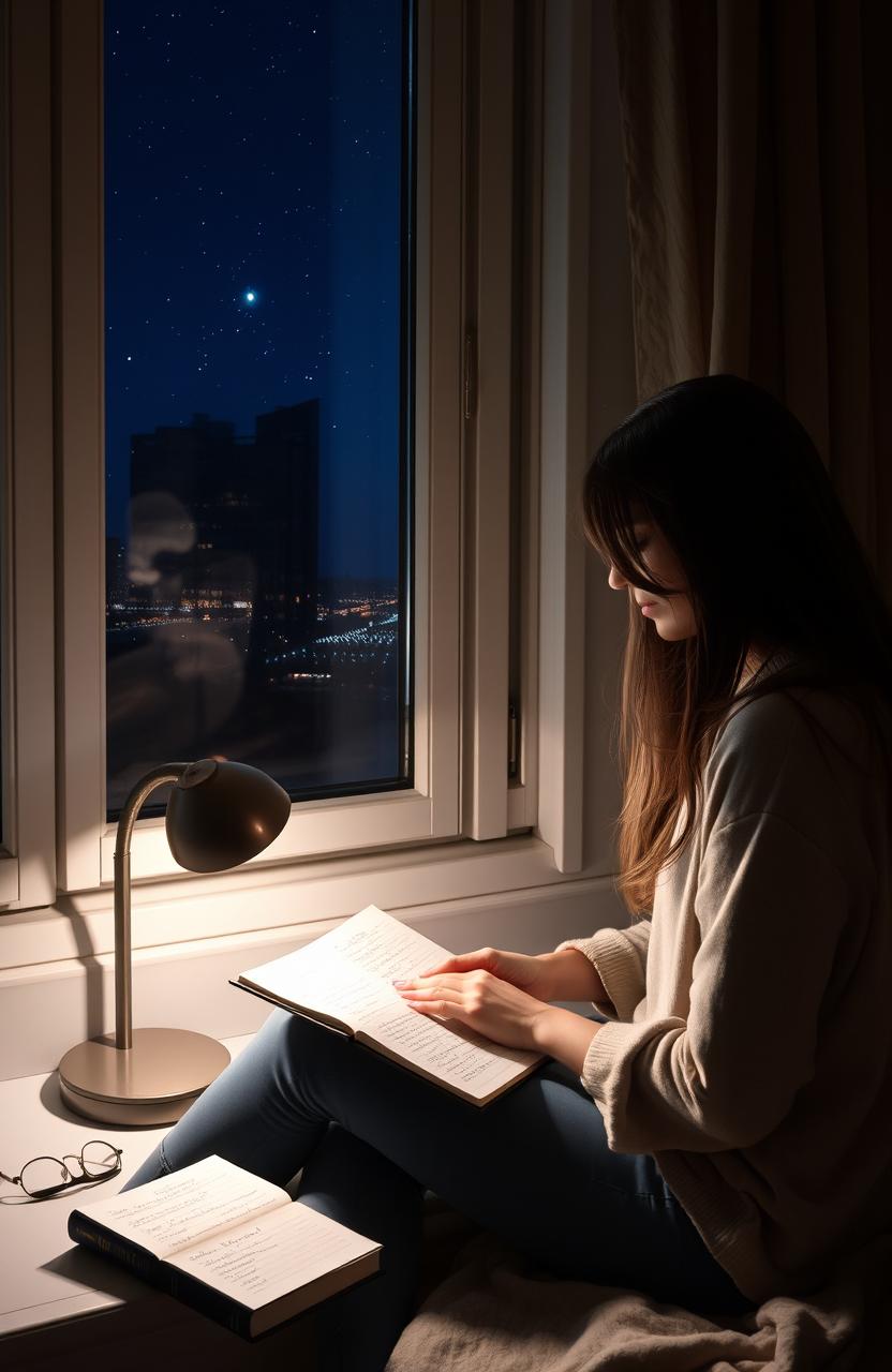A young woman sitting by a window, deeply engaged in writing her thoughts