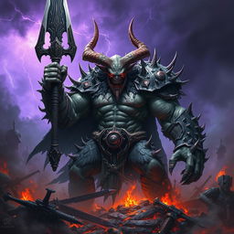 An imposing war demon shrouded in darkness, showcasing a towering, muscular figure with menacing red eyes and sharp horns protruding from a rugged, ash-colored skin