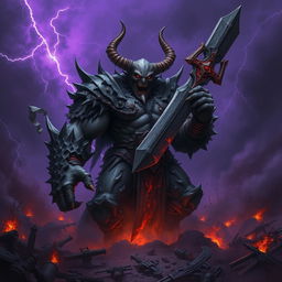 An imposing war demon shrouded in darkness, showcasing a towering, muscular figure with menacing red eyes and sharp horns protruding from a rugged, ash-colored skin