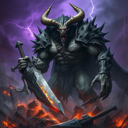 An imposing war demon shrouded in darkness, showcasing a towering, muscular figure with menacing red eyes and sharp horns protruding from a rugged, ash-colored skin