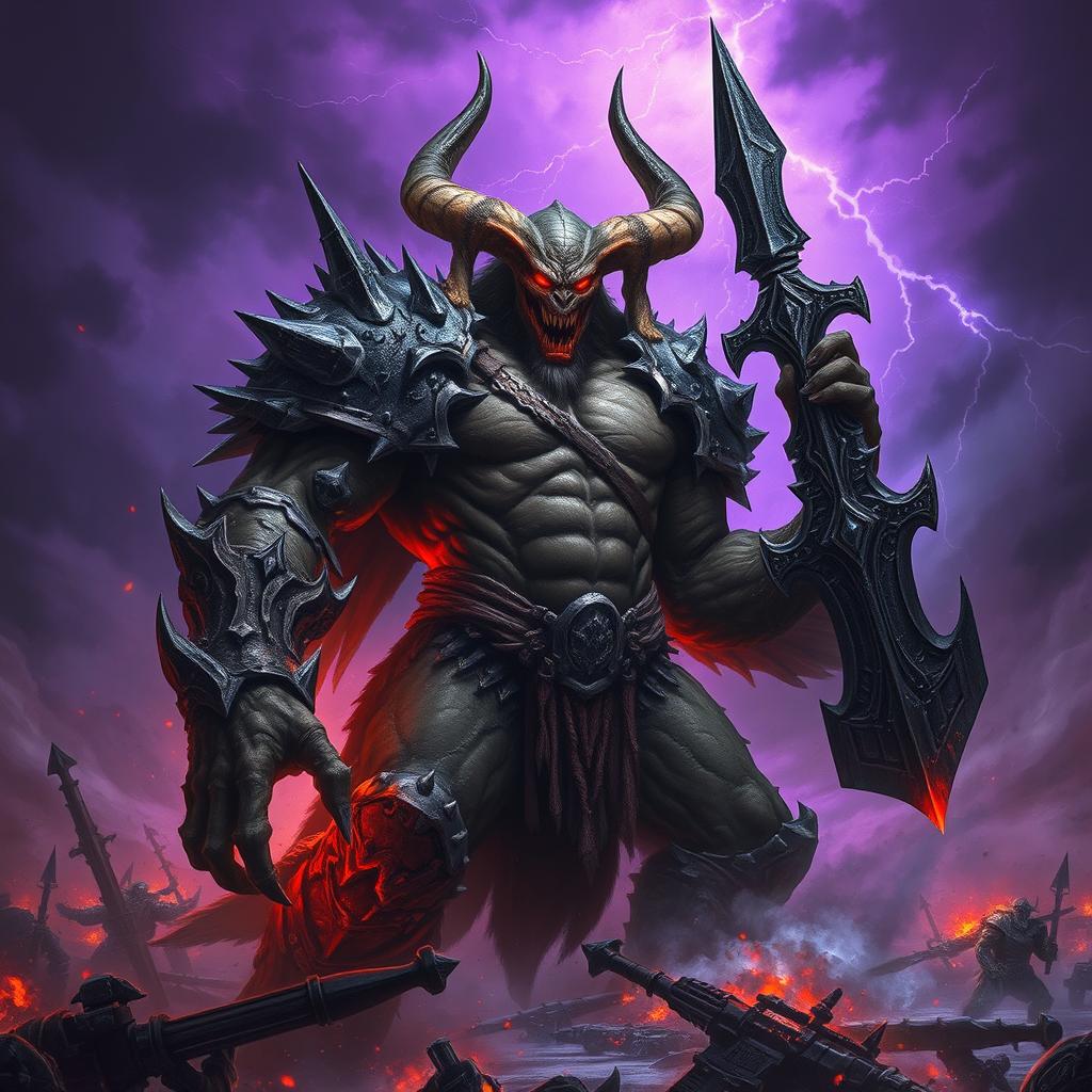 An imposing war demon shrouded in darkness, showcasing a towering, muscular figure with menacing red eyes and sharp horns protruding from a rugged, ash-colored skin