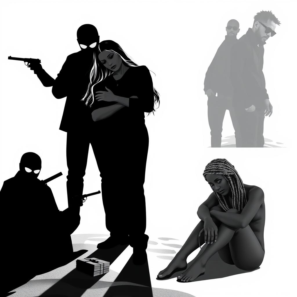 A striking black-and-white image featuring a silhouette of a man and woman at the center