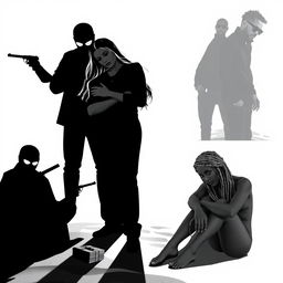 A striking black-and-white image featuring a silhouette of a man and woman at the center