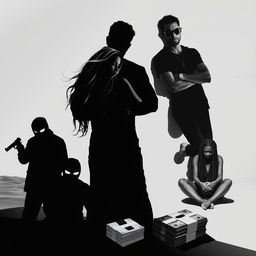 A striking black-and-white image featuring a silhouette of a man and woman at the center