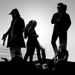 A striking black-and-white image featuring a silhouette of a man and woman at the center