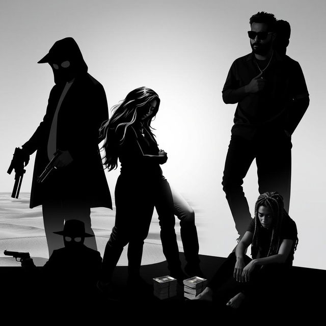A striking black-and-white image featuring a silhouette of a man and woman at the center