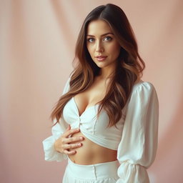A portrait of a beautiful woman resembling Elizabeth Olsen, capturing her striking features and long brown hair, gracefully posed with an emphasis on a large belly button