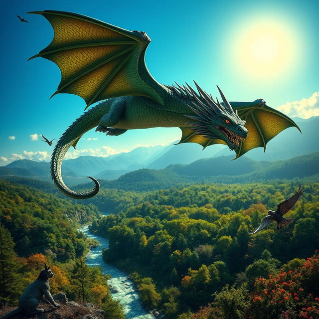A majestic dragon soaring through a clear blue sky over a lush green forest, with sunlight glinting off its shimmering scales