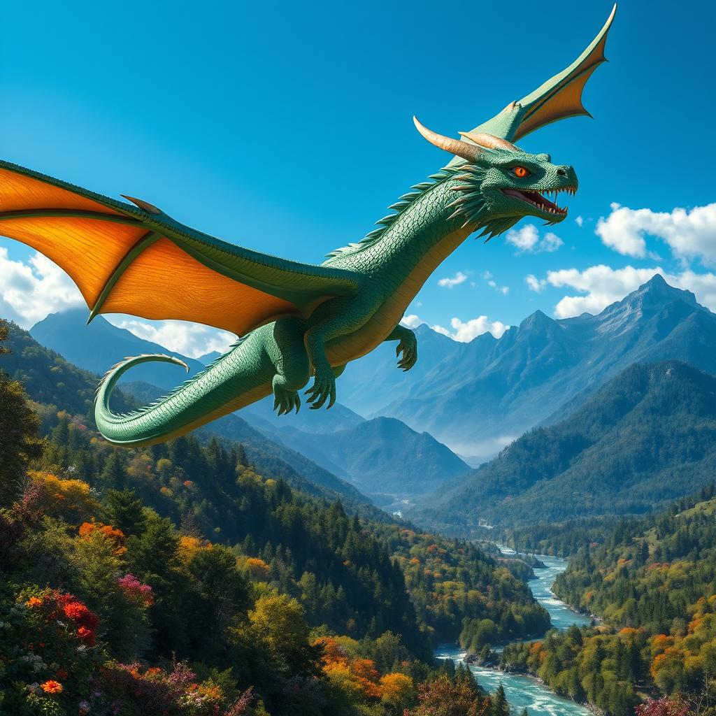 A majestic dragon soaring through a clear blue sky over a lush green forest, with sunlight glinting off its shimmering scales