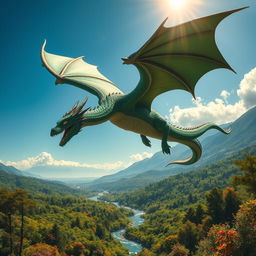 A majestic dragon soaring through a clear blue sky over a lush green forest, with sunlight glinting off its shimmering scales
