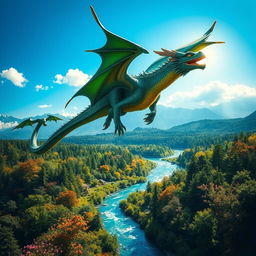 A majestic dragon soaring through a clear blue sky over a lush green forest, with sunlight glinting off its shimmering scales