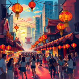 An abstract representation of a vibrant and colorful festival in the heart of a bustling city, showcasing diverse food stalls, bright lanterns hanging, joyful people dancing, and live music performances