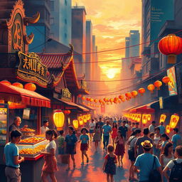 An abstract representation of a vibrant and colorful festival in the heart of a bustling city, showcasing diverse food stalls, bright lanterns hanging, joyful people dancing, and live music performances