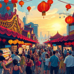 An abstract representation of a vibrant and colorful festival in the heart of a bustling city, showcasing diverse food stalls, bright lanterns hanging, joyful people dancing, and live music performances