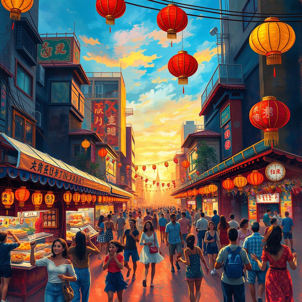 An abstract representation of a vibrant and colorful festival in the heart of a bustling city, showcasing diverse food stalls, bright lanterns hanging, joyful people dancing, and live music performances
