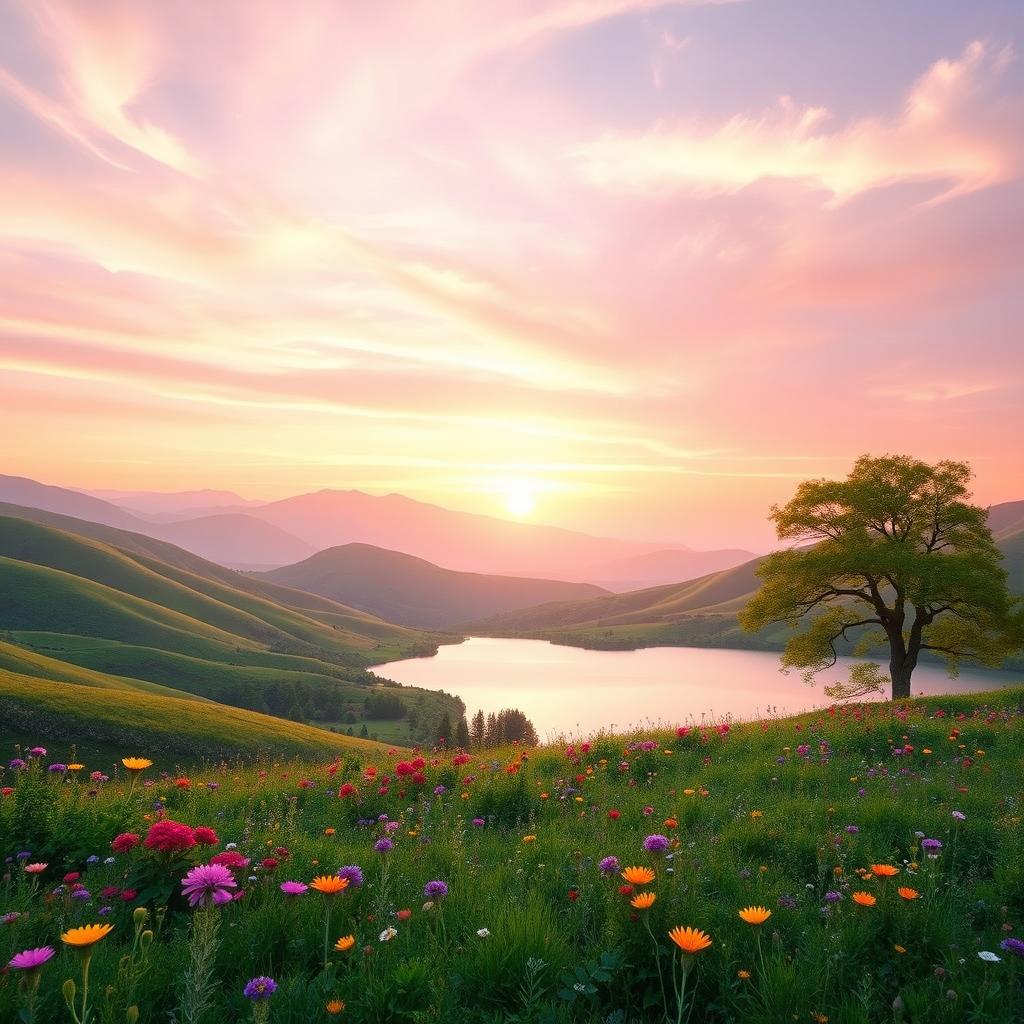 A dreamy landscape featuring rolling hills bathed in soft pastel colors during sunrise