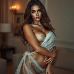 A stunning artistic representation featuring a beautiful and confident woman posing in a tastefully suggestive manner, showcasing her figure through sheer, flowing fabrics that hint at the curves of her body without revealing everything