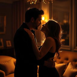 A sensual scene depicting an intimate moment between two adults in a dimly lit room, with soft, warm lighting creating a romantic atmosphere