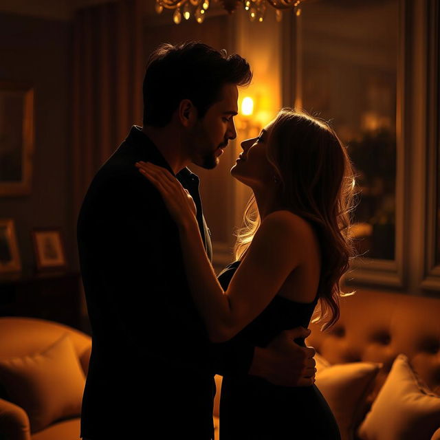 A sensual scene depicting an intimate moment between two adults in a dimly lit room, with soft, warm lighting creating a romantic atmosphere
