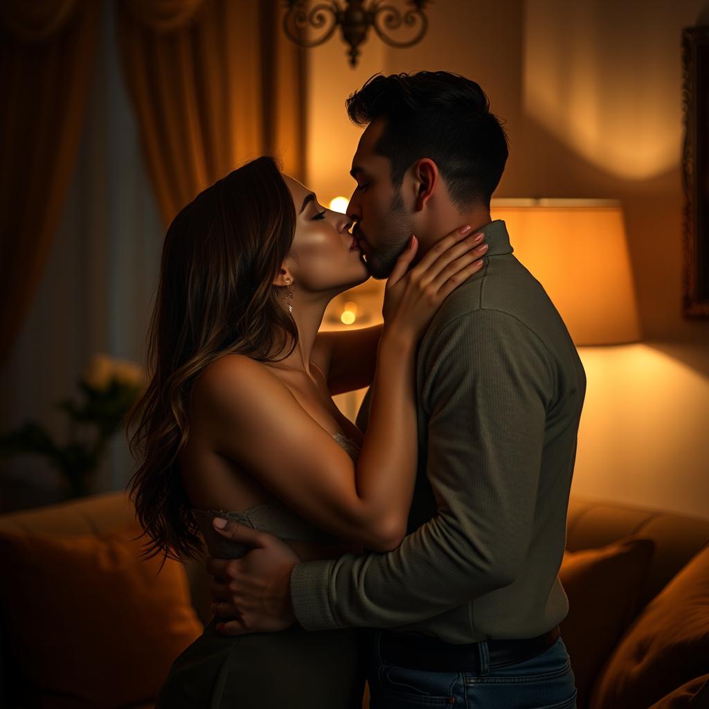 A sensual scene depicting an intimate moment between two adults in a dimly lit room, with soft, warm lighting creating a romantic atmosphere