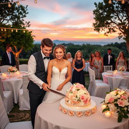 Um belo cenário em uma festa de casamento ao ar livre, com mesas decoradas em cores pastel, flores brancas e rosa claro, e um fundo encantador com árvores e luzes penduradas