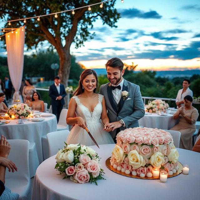 Um belo cenário em uma festa de casamento ao ar livre, com mesas decoradas em cores pastel, flores brancas e rosa claro, e um fundo encantador com árvores e luzes penduradas